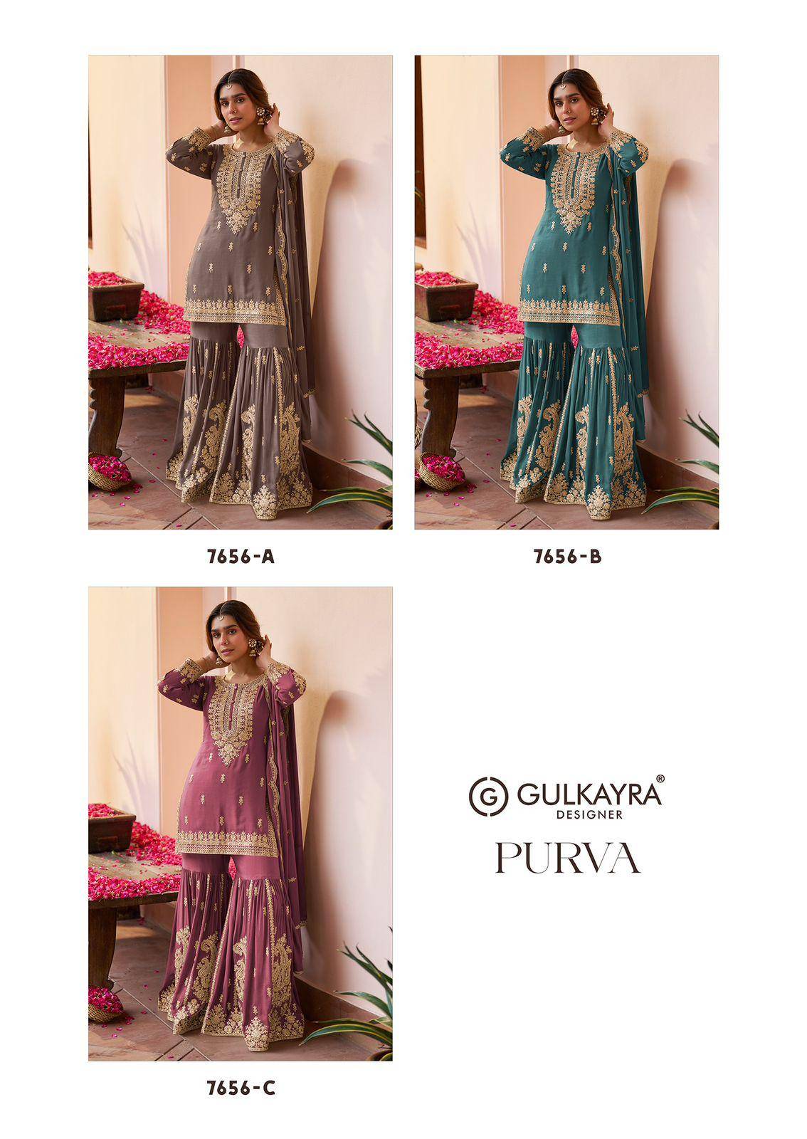 PURVA 7656 COLORS  By Gulkayra Designer 7656A to 7656C series Indian Traditional Wear Collection Real Chinon Sharara suits At Wholesale Price